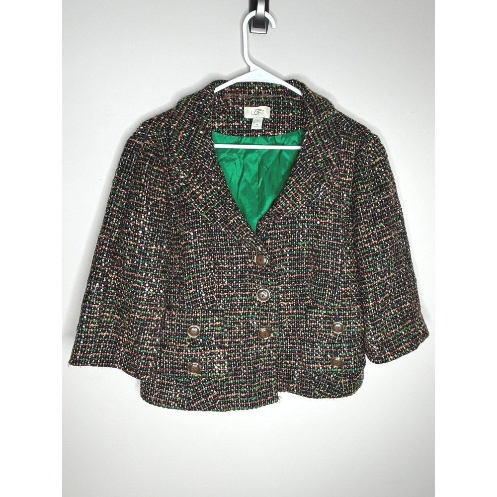 Ann Taylor LOFT Tweed Cropped Blazer Jacket 14 Green Brown Wool‎ Blend Career